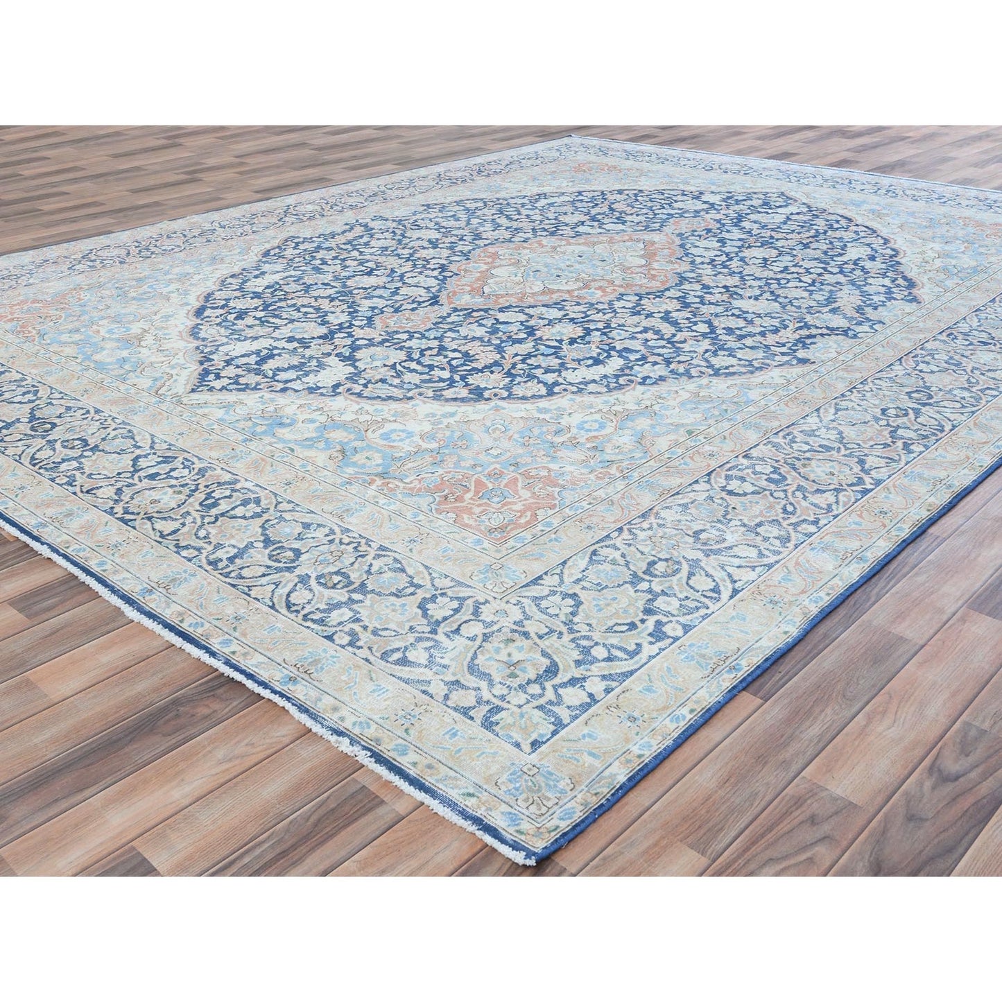 9'9"X12'8" Blue Worn Wool Hand Knotted Distressed Old Farsian Karman Rug