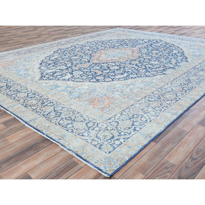 9'9"X12'8" Blue Worn Wool Hand Knotted Distressed Old Farsian Karman Rug