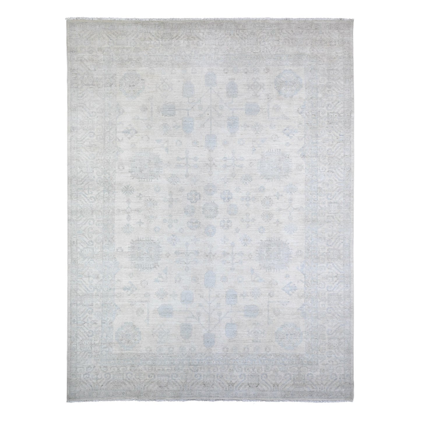 8'9"X11'7" Ivory Pure Wool White Wash Peshawar Hand Knotted Rug