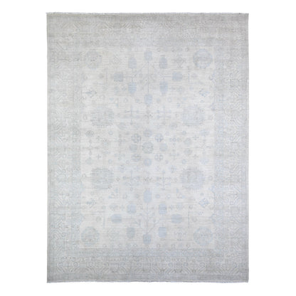 8'9"X11'7" Ivory Pure Wool White Wash Peshawar Hand Knotted Rug