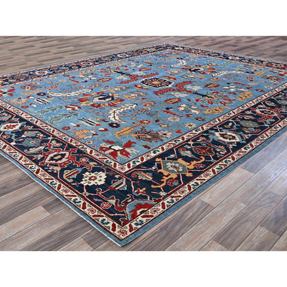 9'2"X11'8" Blue Peshawar With Heris All Over Design Wool Hand Knotted Rug