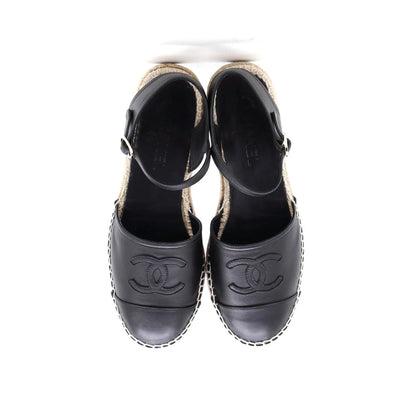 Chanel Women'S Cc Cap Toe Ankle Strap Espadrilles Leather