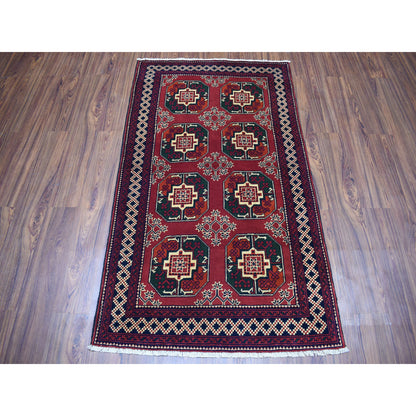 3'3"X5'3" Red Elephant Feet Design Afghan Andkhoy Pure Wool Handmade Rug