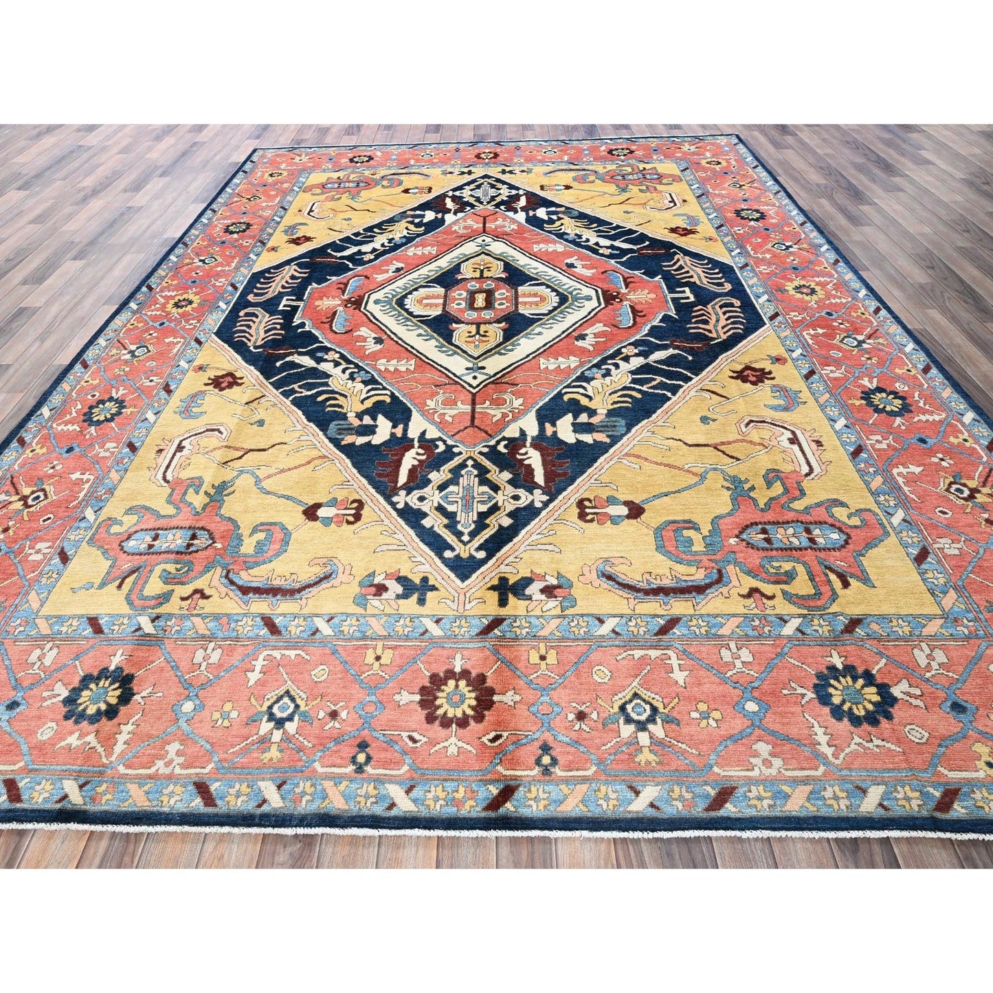 9'X11'8" Yellow Peshawar With Seeripe Heris Design Wool Hand Knotted Rug