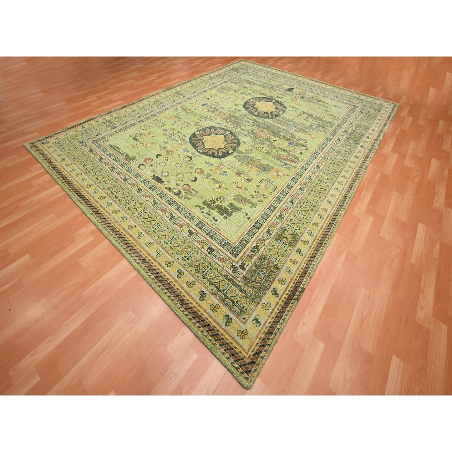 9'X12'1" Shades Of Green Khotan Design Wool Shaved Low Hand Knotted Rug