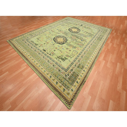 9'X12'1" Shades Of Green Khotan Design Wool Shaved Low Hand Knotted Rug