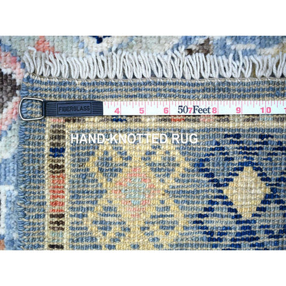 3'2"X10'1" Arctic Blue Hand Knotted Village Inspired Shiny Wool Rug
