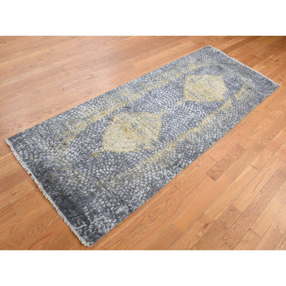 3'X8' Gray Zoroastrian Medallion Design Wool-Silk Runner Hand Knotted Rug