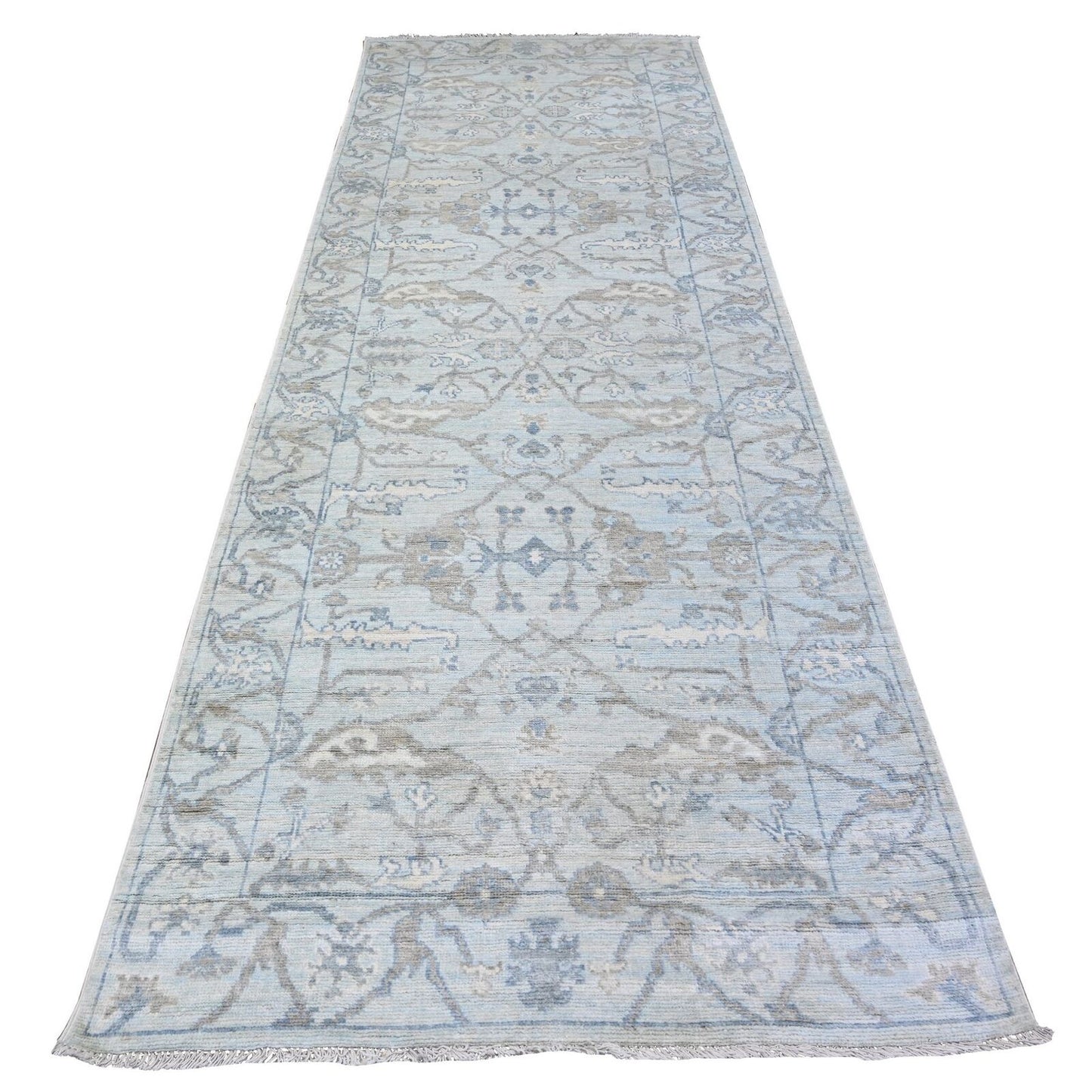 4'X11'10" Blue Oushak All Over Pattern Shiny Wool Hand Knotted Runner Rug