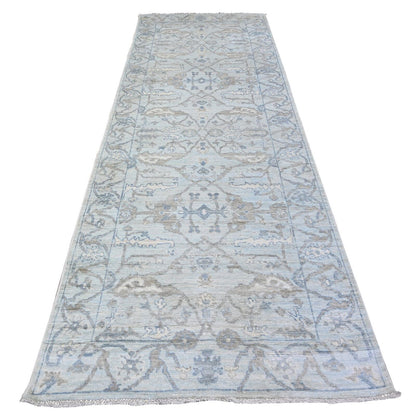 4'X11'10" Blue Oushak All Over Pattern Shiny Wool Hand Knotted Runner Rug