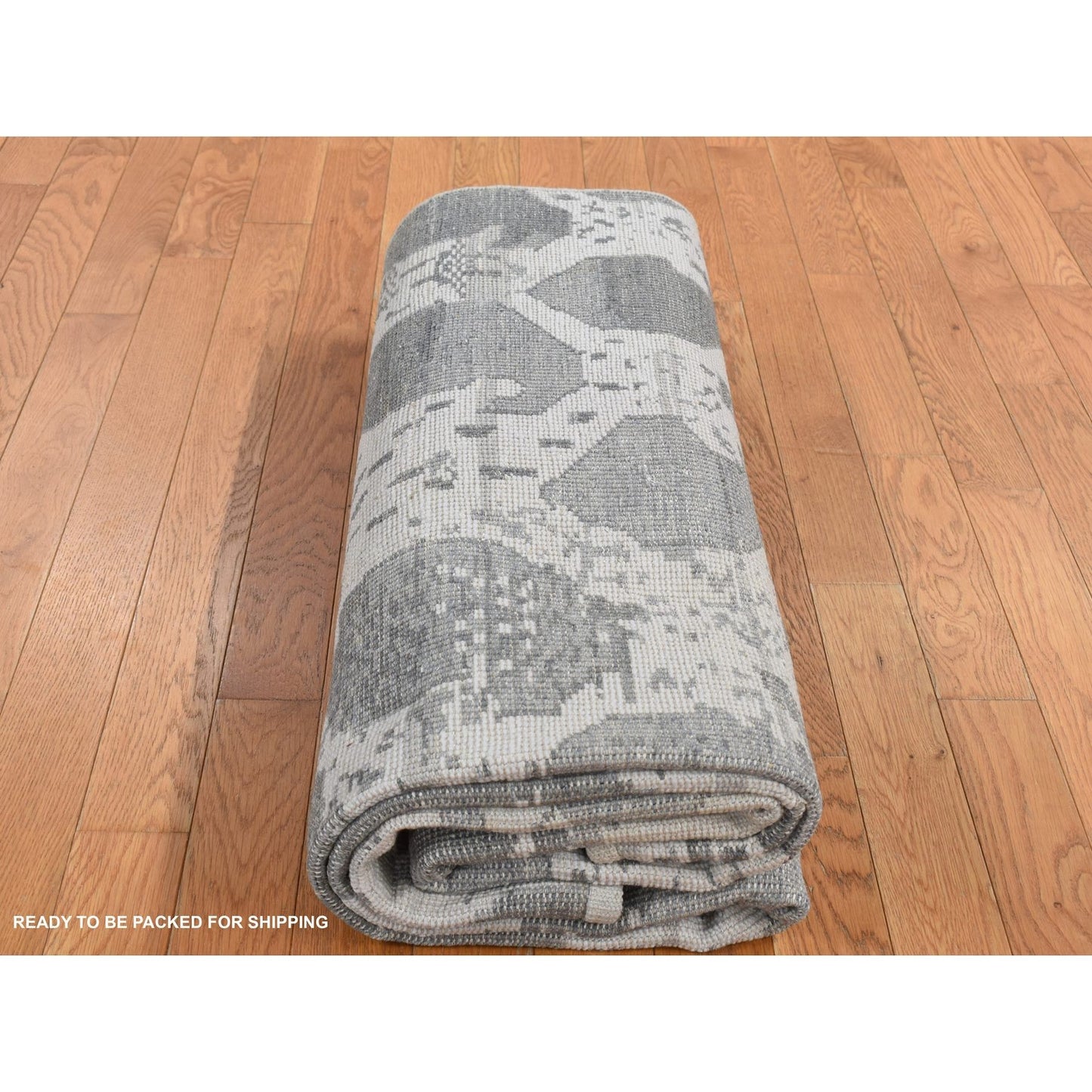 5'10"X9' Gray Oushak Repetitive Botteh Design Pure Wool Hand Knotted Rug