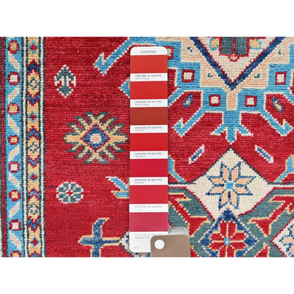 3'5"X5' Berry Red Kazak With Geometric Pattern Hand Knotted Pure Wool Rug