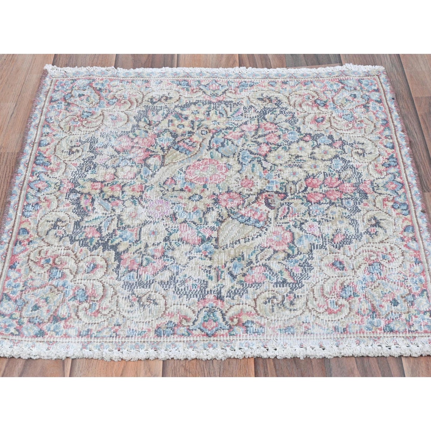 1'9"X1'9" Colorful Old Farsian Karman Worn Wool Hand Knotted Square Rug