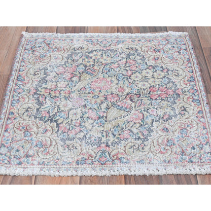 1'9"X1'9" Colorful Old Farsian Karman Worn Wool Hand Knotted Square Rug