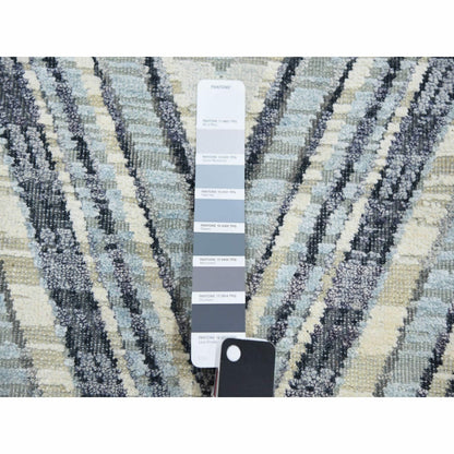 4'2"X12'4" Ivory Modern Textured Wool-Pure Silk Hand Knotted Runner Rug