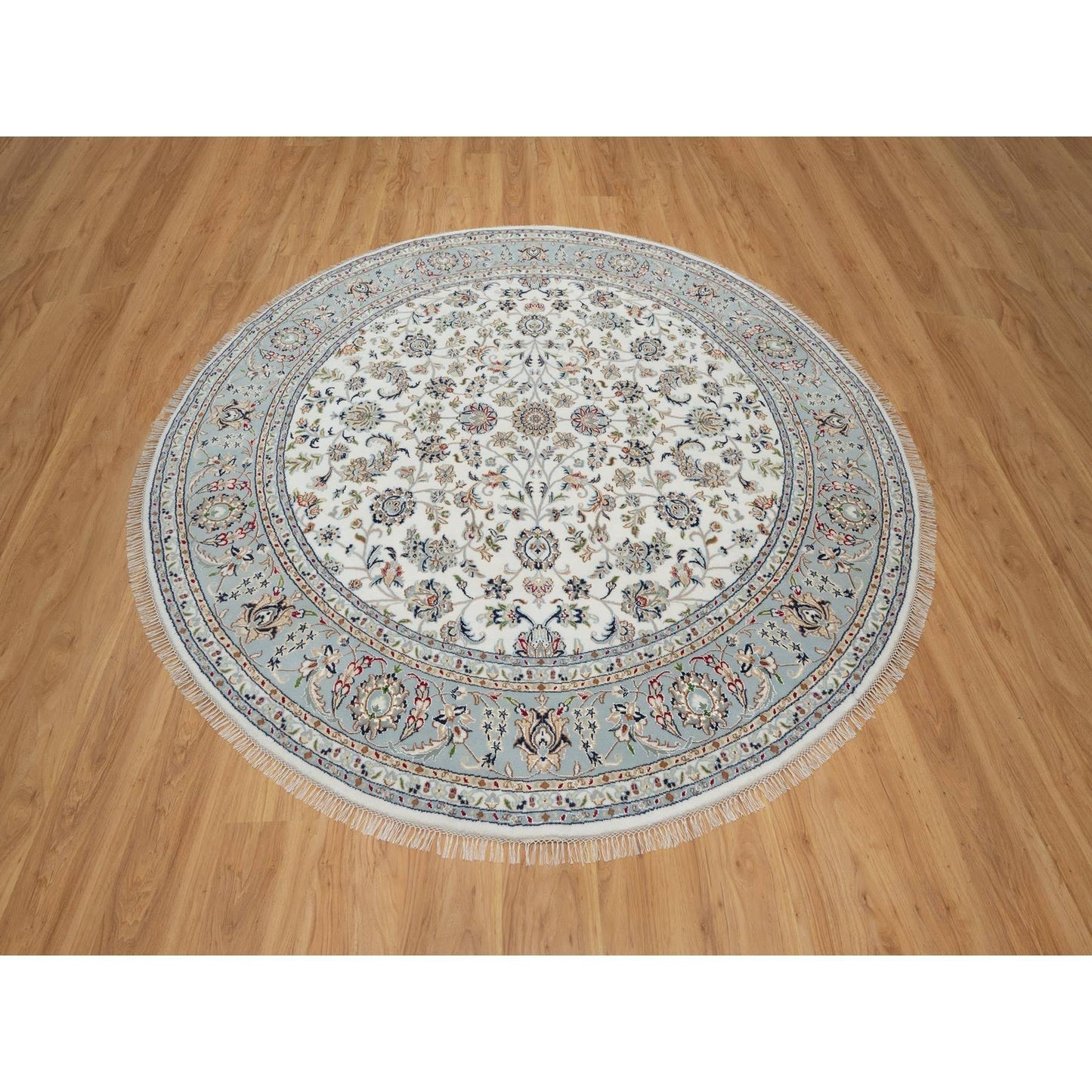 8'X8' Pearl White, 250 Kpsi, Nain, Wool And Silk, Hand Knotted, Round Rug