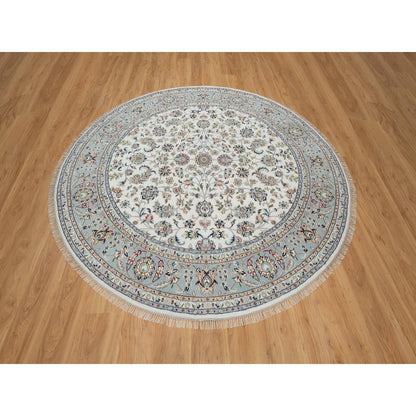 8'X8' Pearl White, 250 Kpsi, Nain, Wool And Silk, Hand Knotted, Round Rug