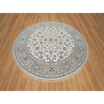 8'X8' Pearl White, 250 Kpsi, Nain, Wool And Silk, Hand Knotted, Round Rug