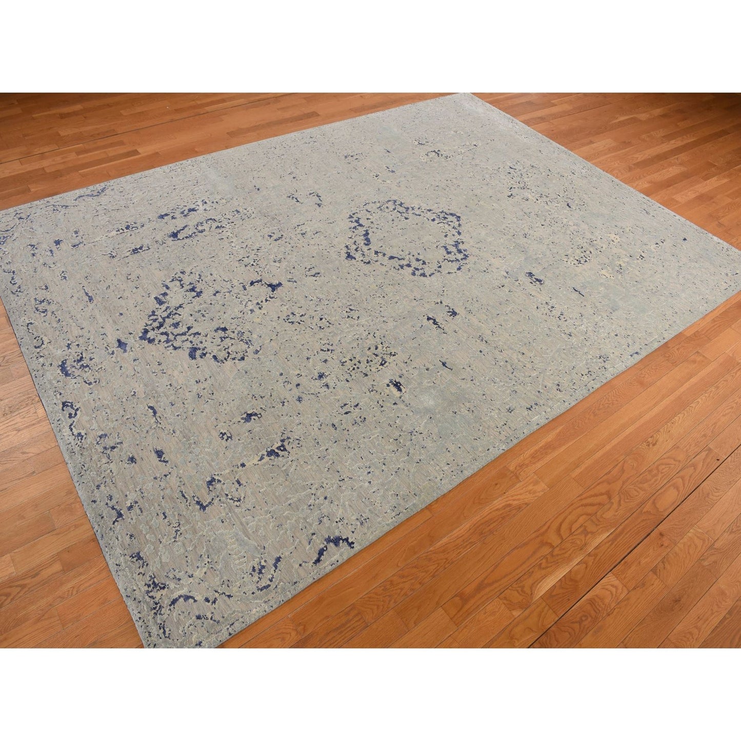 8'8"X12'1" Blue Broken Medallion Design Silk With Wool Hand Knotted Rug
