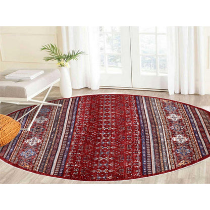 9'7"X9'7" Red Round Super Kazak Khorjin Design Natural Wool Oriental Rug