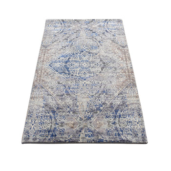 2'X3' Blue Erased Rossets Silk With Wool Hand Knotted Sample Mat Rug