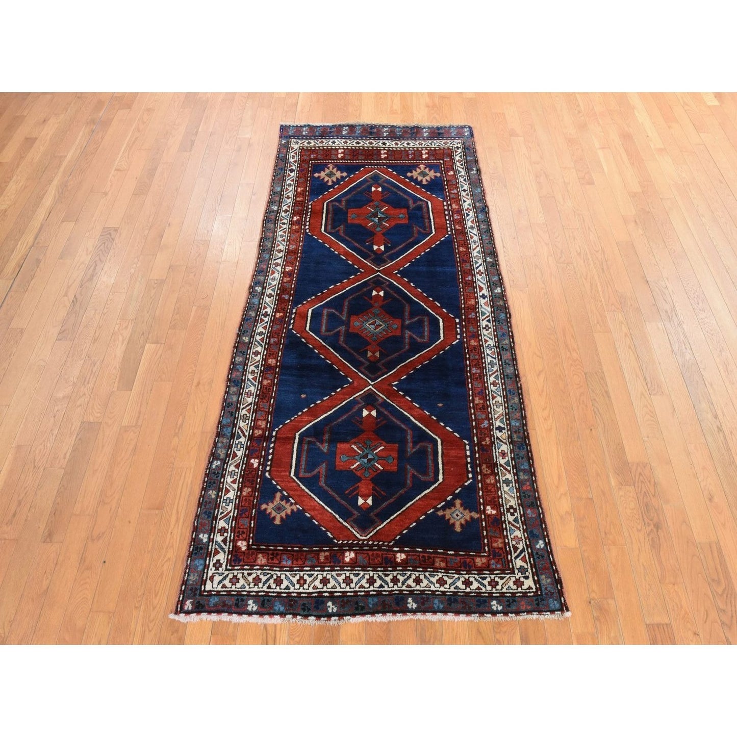 4'X8'9" Navy Blue Antique Caucasian Rug Armenian Kazak Wool Hand Knotted