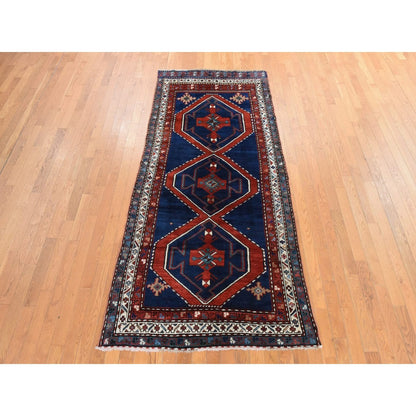 4'X8'9" Navy Blue Antique Caucasian Rug Armenian Kazak Wool Hand Knotted