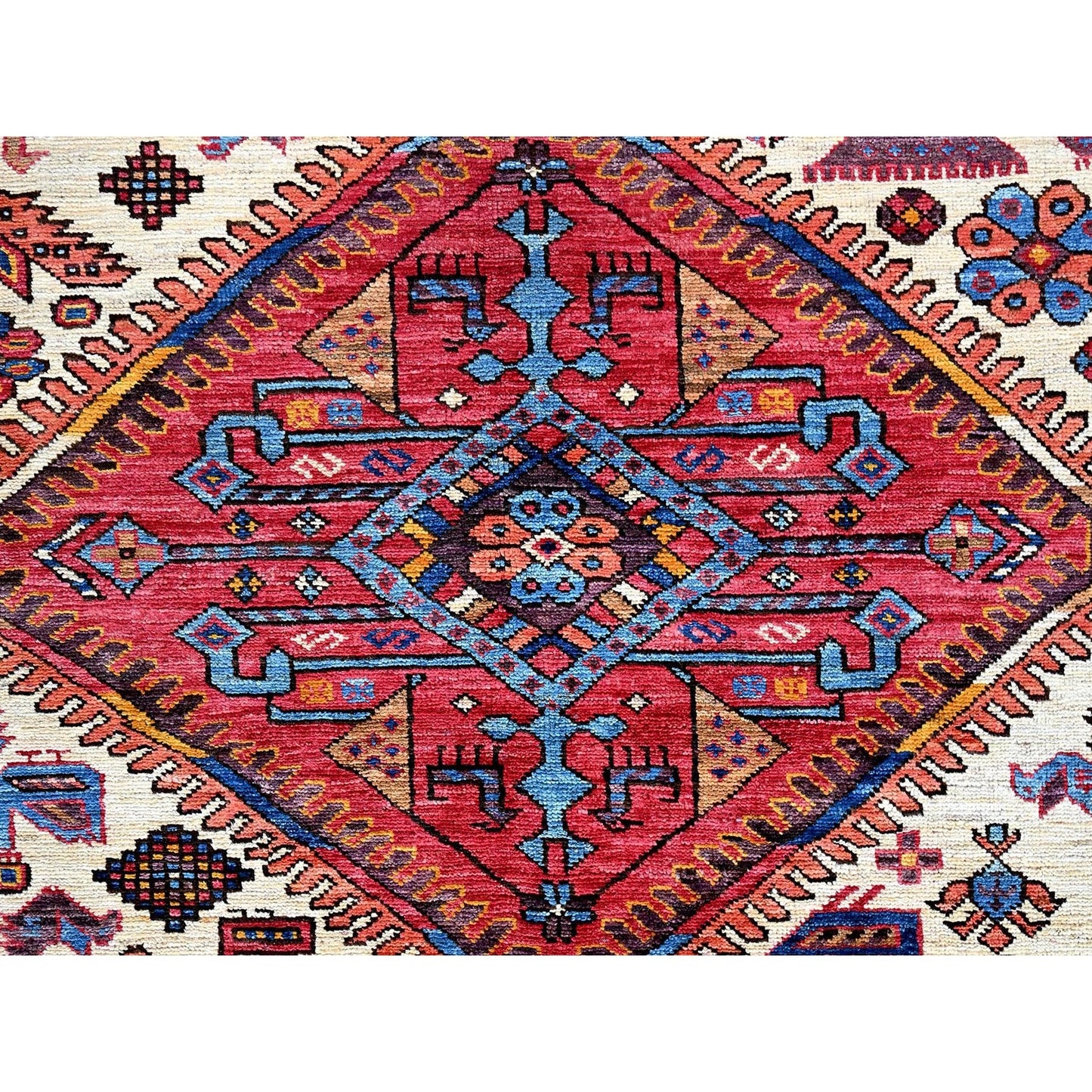 8'6"X10'8" White Hand Knotted Afghan Caucasian Design Revival Soft Wool Rug