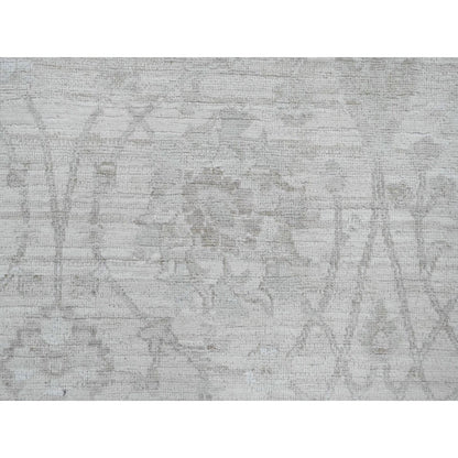 8'8"X11'5" White Hand Knotted Washed Out Peshawar Leaf Pattern Wool Rug