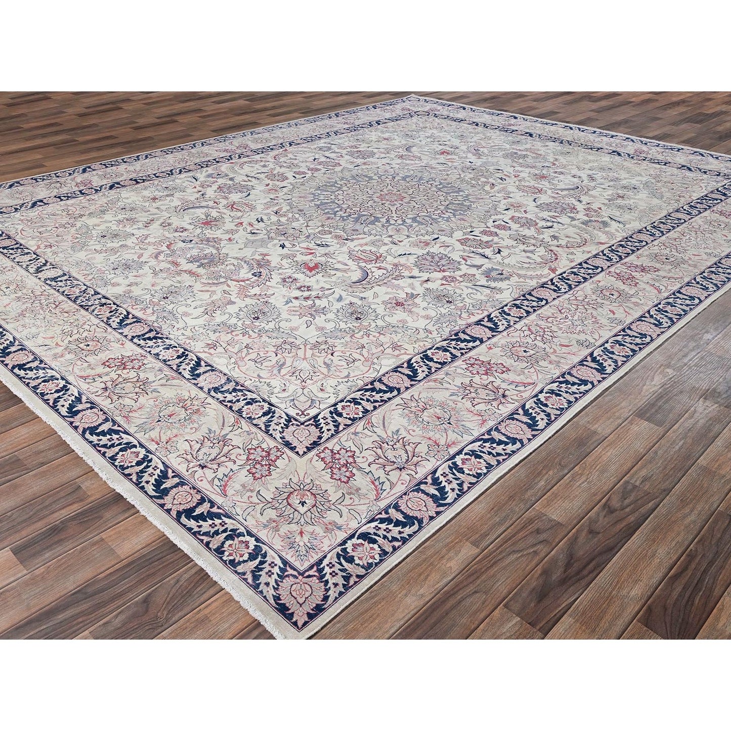 10'X13'2" Ivory Vintage Sino Tebraz 300 Kpsi Soft Wool Hand Knotted Rug