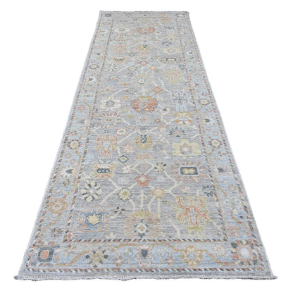 4'X11'4" Gray Hand Knotted Angora Oushak Floral Design Wool Runner Rug