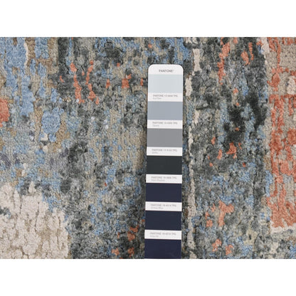 9'X12'2" Blue Modern Brick Design Hand Knotted Wool And Silk Rug