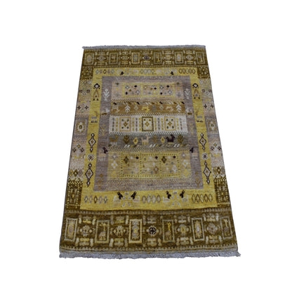 2'8"X3'9" Yellow Pure Wool Kashkuli Gabbeh Pictorial Hand Knotted Rug