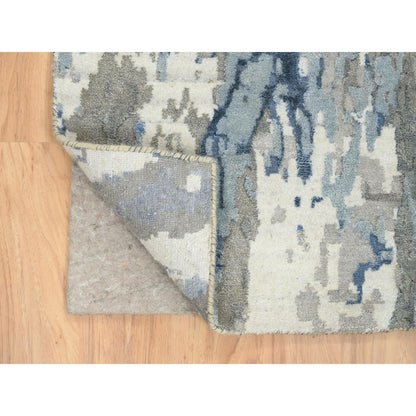 4'2"X11'9" Blue Modern Design Wool And Silk Hand Knotted Wide Runner Rug