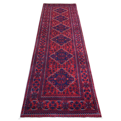 2'8"X9'7" Red Tribal Design Hand Knotted Afghan Khamyab Wool Runner Rug