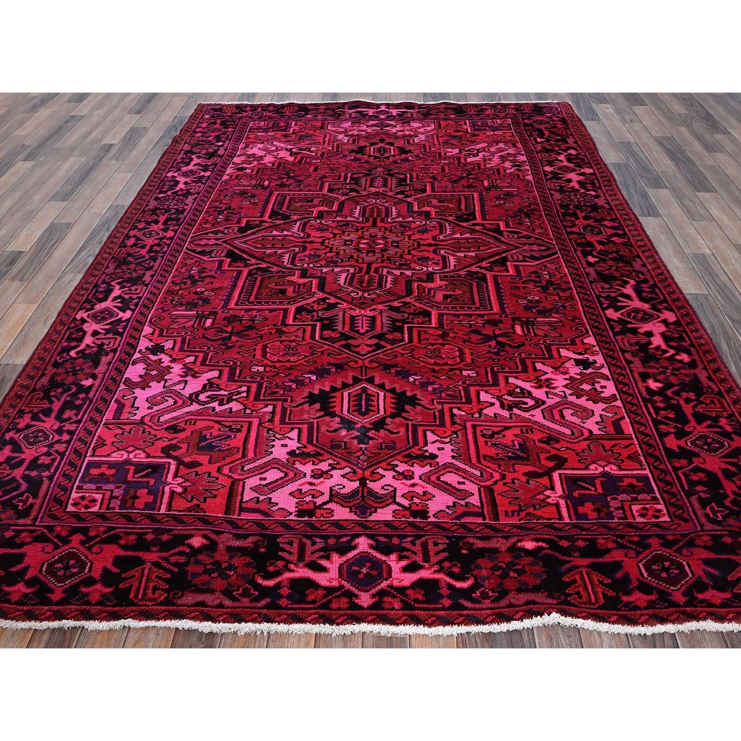 7'X9'5" Red Overdyed Semi Antique Zoroastrian Heris Hand Knotted Wool Rug