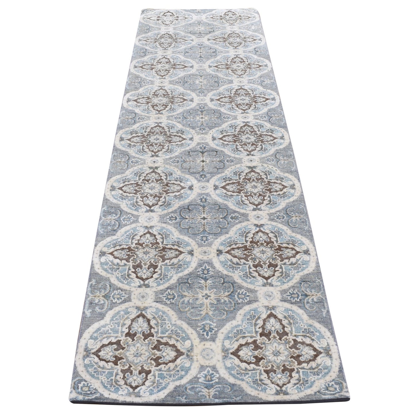 2'7"X9'10" Gray Mughal Design Silk With Wool Hand Knotted Runner Rug