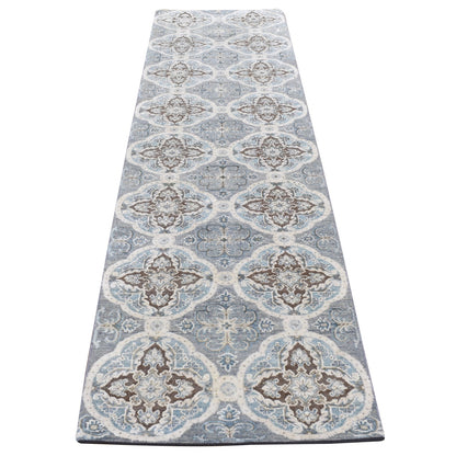 2'7"X9'10" Gray Mughal Design Silk With Wool Hand Knotted Runner Rug