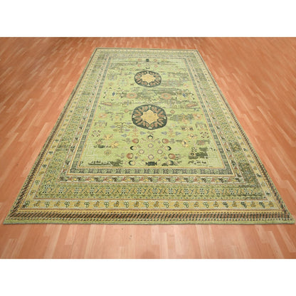 9'X12'1" Shades Of Green Khotan Design Wool Shaved Low Hand Knotted Rug