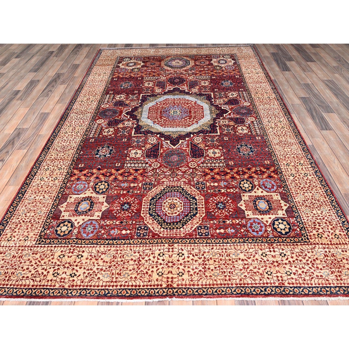 5'9"X9'7" Vermilion Red Hand Knotted Mamluk Design 200 Kpsi Pure Wool Rug