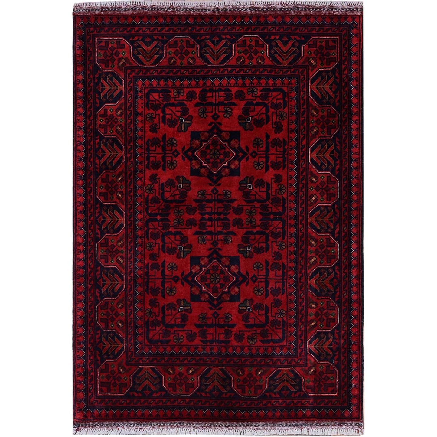 2'9"X3'10" Red Hand Knotted Afghan Khamyab Tribal Design Wool Sample Rug