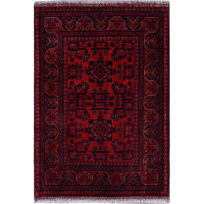 2'9"X3'10" Red Hand Knotted Afghan Khamyab Tribal Design Wool Sample Rug