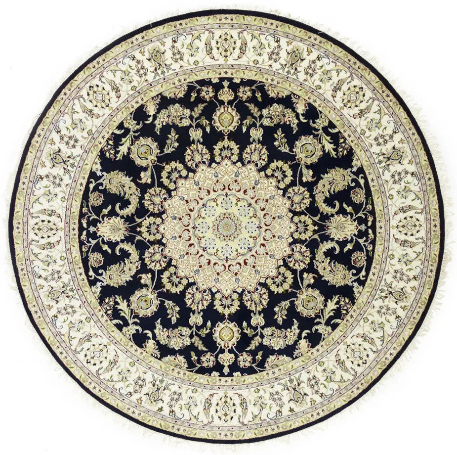 7X7 ft Round Indo-Nain Oriental Rug Handmade Dark Navy Floral Classic Carpet