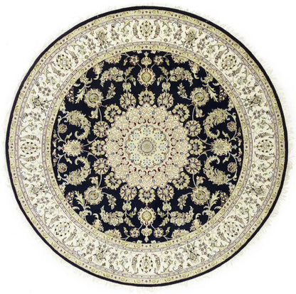 7X7 ft Round Indo-Nain Oriental Rug Handmade Dark Navy Floral Classic Carpet