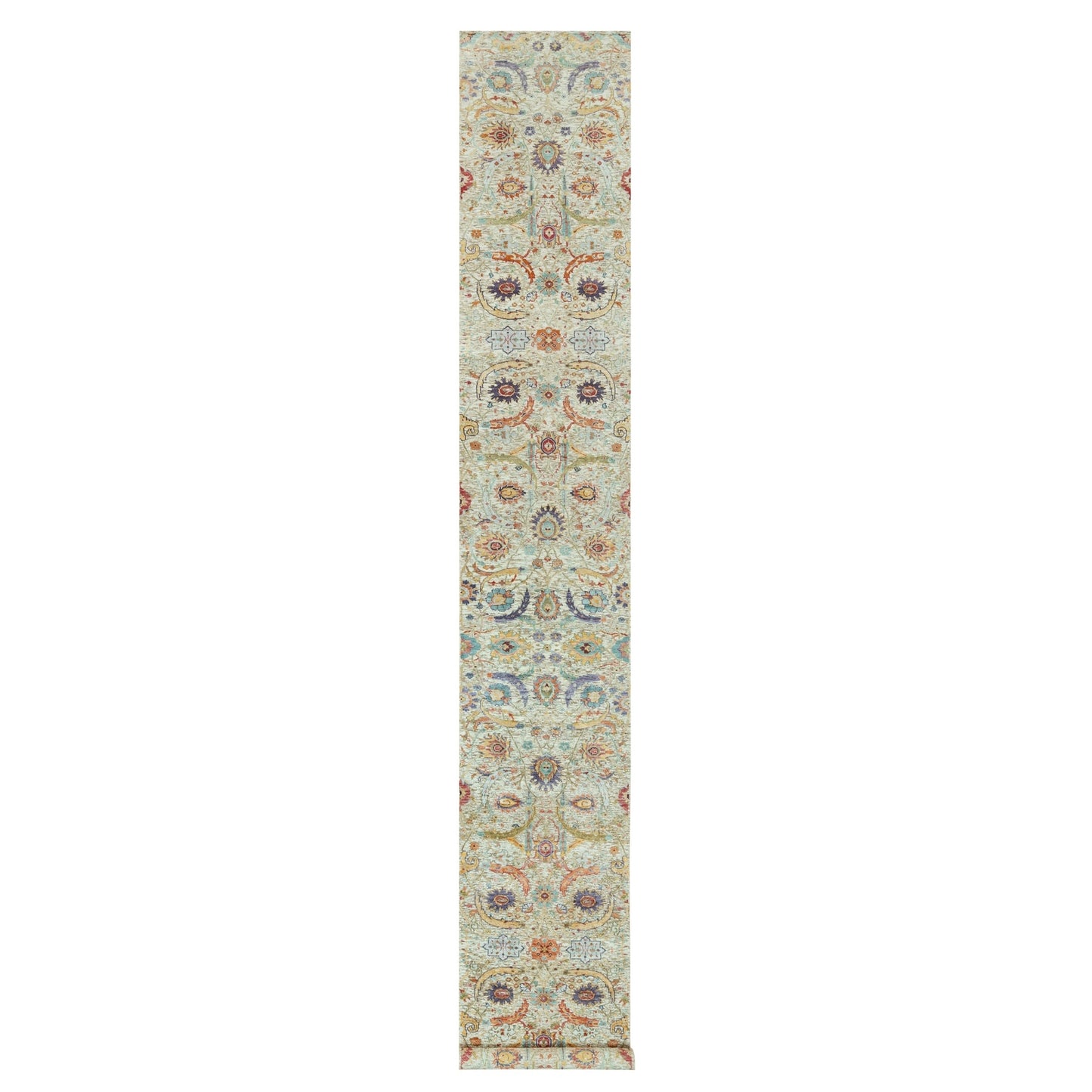 2'7"X18' Wimborne White Hand Knotted Wool And Silk Sickle Design Rug