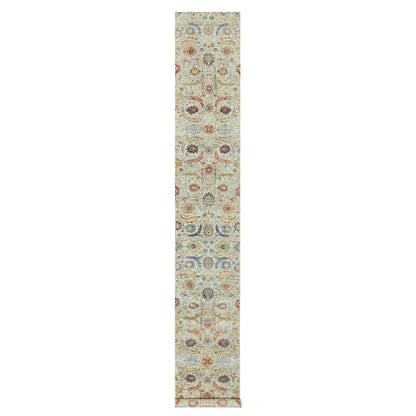 2'7"X18' Wimborne White Hand Knotted Wool And Silk Sickle Design Rug
