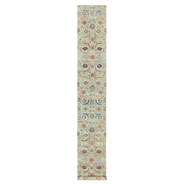 2'7"X18' Wimborne White Hand Knotted Wool And Silk Sickle Design Rug