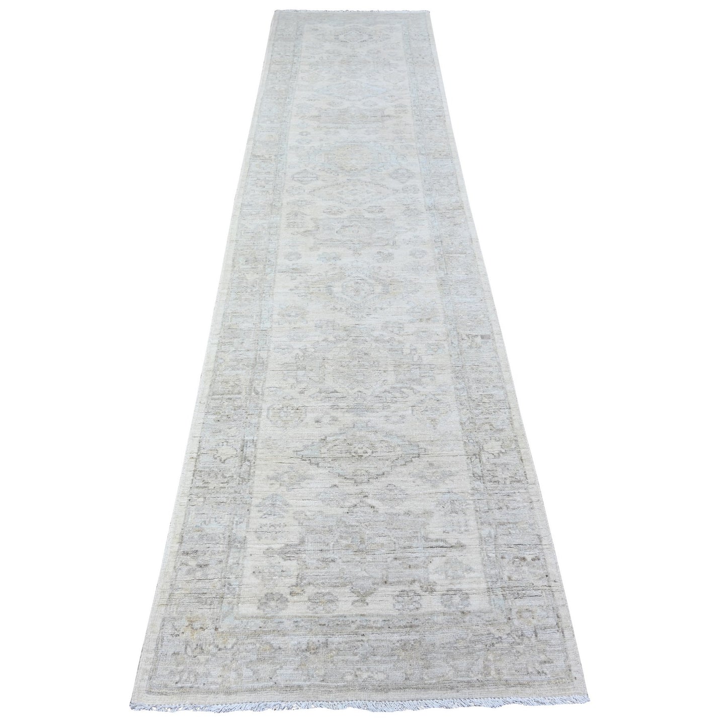 2'8"X11'3" Ivory White Wash Peshawar Hand Knotted 100% Wool Runner Rug