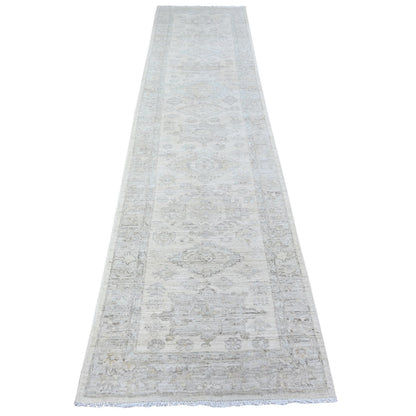 2'8"X11'3" Ivory White Wash Peshawar Hand Knotted 100% Wool Runner Rug