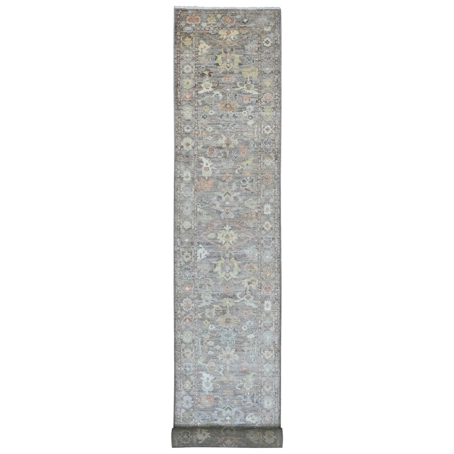 3'2"X23'7" Brown Hand Knotted Angora Oushak Leaf Design Wool Runner Rug